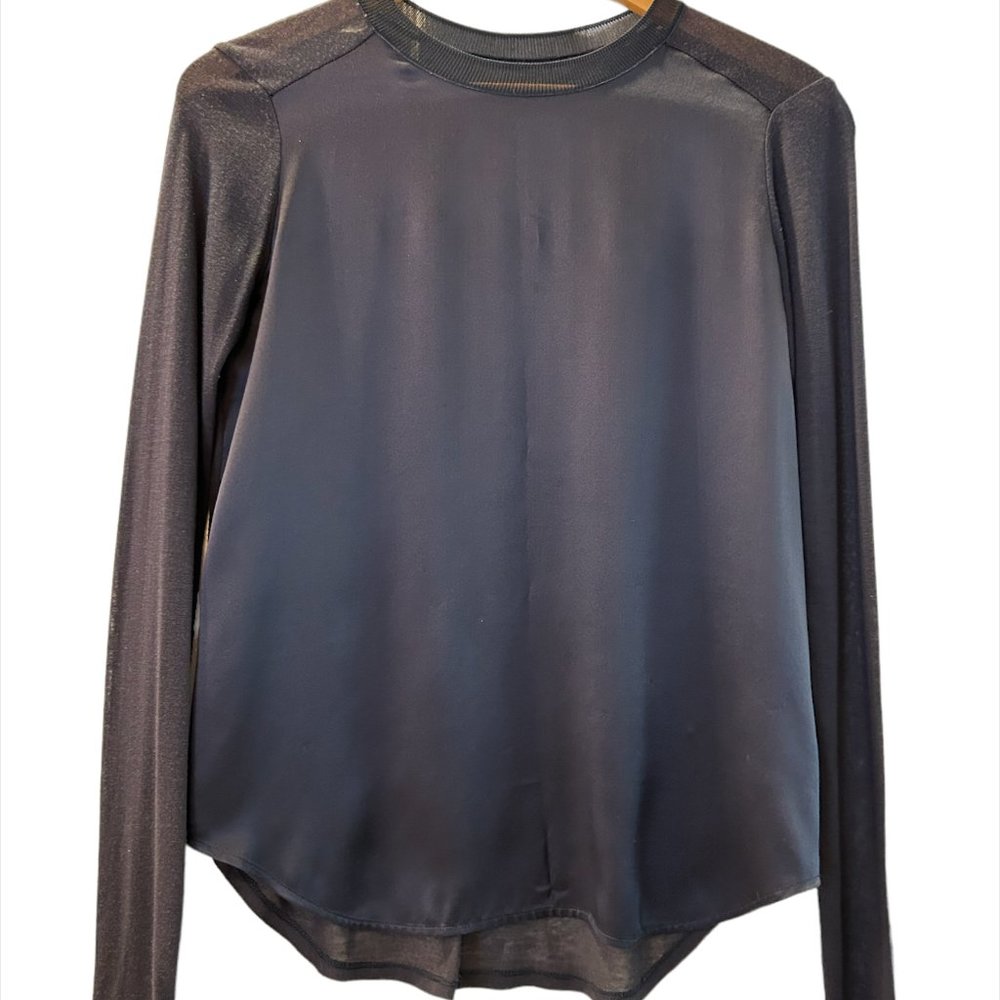 Long-sleeve Satin & Sheer Navy Blue Top, Size Small